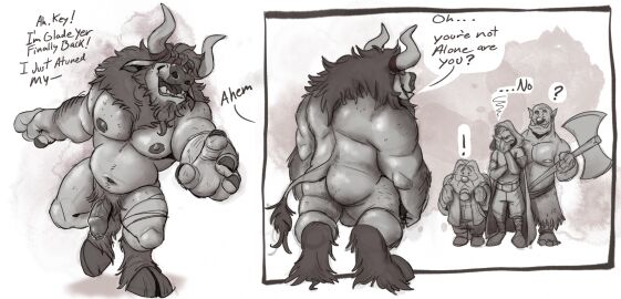 2_horns 2_panel_comic 4_fingers anthro ass axe backpack backsack balls ballsack beard biped blindfold blindfold_only bovid bovine cape clothed clothing dead_stray_bear dialogue dwarf english_text european_mythology exclamation_point facepalm facial_hair feet fingernails fingers flaccid foreskin front_view fully_clothed genitals greek_mythology group hair hi_res holding_axe holding_object hood hooves horn human humanoid humanoid_pointy_ears male mammal minotaur mostly_nude musclegut muscular muscular_anthro muscular_male mythology nails nipples orc orc_male penis pubes question_mark rear_view simple_background slightly_chubby slightly_chubby_male solo_focus speech_bubble standing tail teeth text toes tusks uncircumcised