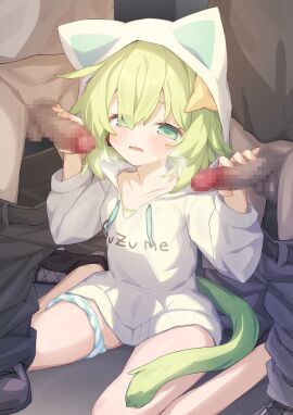 2boys absurdres animal_hood cat_tail censored commentary_request commission double_handjob female green_eyes green_hair group_sex handjob highres hood hoodie indie_virtual_youtuber mmf_threesome mosaic_censoring multiple_boys nasuuni panties panties_around_one_leg penis sitting skeb_commission straight suzumiya_suzume tail threesome underwear variant_set virtual_youtuber wariza