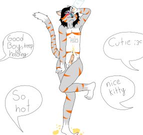 anthro black_hair bladder_bulge bodily_fluids domestic_cat felid feline felis fur genital_fluids hair heart_pupils heterochromia hi_res long_hair male mammal multicolored_body multicolored_fur nude nude_male omorashi orange_striped_fur pee_desperation peeing peeing_self potty_dance praising solo sparkat150 urine