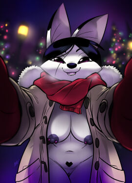 anthro anthro_only awd awdtwit bare_breasts bare_pussy breasts cave_cody christmas christmas_lights christmas_theme cold exhibitionism female fox fox_ears fox_girl furry gloves hands_on_cheeks happy_face happy_female jasmine_(awdtwit) long_coat looking_at_viewer nipple_piercing nipples piercing pov public public_nudity pussy scarf vagina visible_breath