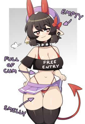 1girls :3 bikini bikini_under_clothes black_hair black_thighhighs blush crop_top demon_girl demon_tail english_text female female_only hat heart-shaped_pupils hi_res horns j5daigada miniskirt original pointy_ears selene_(daigada) skirt_lift smile solo spiked_collar tail text text_on_clothing thick_thighs thighhighs