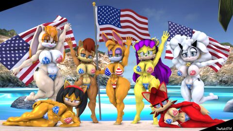 3d 4th_of_july anthro areola areola_slip areolae areolae_slip bikini breasts bunnie_rabbot chipmunk feline female fiona_fox fox group honey_the_cat huge_breasts kabalmystic_(style) lanolin_the_sheep mina_mongoose mongoose rabbit sally_acorn sheep sonic_(series) theashsfm vanilla_the_rabbit vanilla_the_rabbit_(kabalmystic)