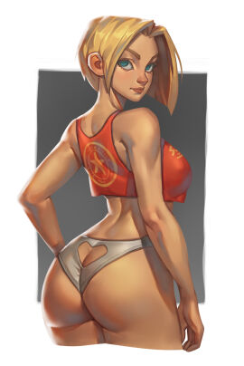 1girls ass ass_out big_ass blonde_hair blue_mary butt_crack clothed clothed_female clothing_cutout fat_ass fatal_fury female from_behind heart huge_ass king_of_fighters light-skinned_female looking_at_viewer looking_back mick_cortes pale_skin panties short_hair snk solo tank_top thick_ass tight_shirt white_panties