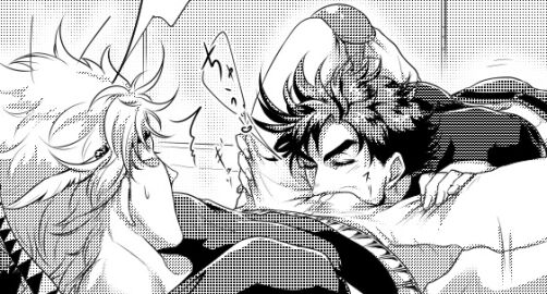 2boys battle_tendency caesar_zeppeli face_in_crotch fellatio_over_clothes fellatio_through_bulge fellatio_through_clothes gay imminent_fellatio imminent_oral jojo's_bizarre_adventure joseph_joestar male male/male male_only oral_through_clothing through_clothes through_clothing yaoi