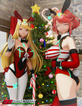 2girls 3d ass blonde_hair bowtie breasts bunny_ears bunny_tail candy_cane christmas christmas_tree closed_eyes core_crystal detached_collar earrings elbow_gloves fake_animal_ears fake_tail female ggrenders gloves large_breasts leotard long_hair looking_at_viewer mythra nintendo pantyhose playboy_bunny pyra red_hair red_leotard short_hair thigh_strap thighhighs tiara xenoblade_(series) xenoblade_chronicles_2 yellow_eyes