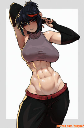 1girls abdomen abs alternate_hairstyle armpit armpits arms_behind_head arms_up armwear athletic_female bare_shoulders belly belly_button belly_focus black_hair breasts dark_hair female female_only fit fit_female hips human human_female kill_la_kill large_breasts light-skinned_female matoi_ryuuko midriff muscular_female navel nipples_visible_through_bra patreon_username simple_background slim_waist small_waist solo sports_bra sportswear stopu striped_hair sweat sweating sweaty sweaty_body tomboy toned toned_belly toned_female toned_stomach variant_set wide_hips