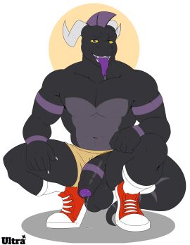 absurd_res anthro balls bodily_fluids bottomwear bottomwear_aside brapion clothing clothing_aside dragon footwear genital_fluids genitals heavy_balls hi_res lizard male mr_ultra muscular mythological_creature mythological_scalie mythology penis precum reptile scalie shoes shorts shorts_aside socks solo tongue tongue_out