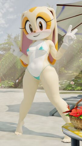 3d 3d_(artwork) beach bikini cream_the_rabbit embarrassed female furry mobian mobian_(species) mobian_rabbit rabbit sonic_(series) sonic_the_hedgehog_(series) tagme twintails3d
