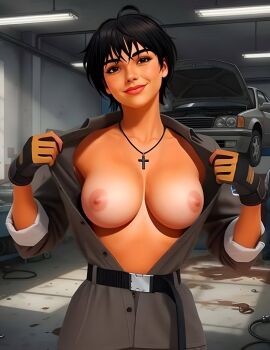 1girls 3on3freestyle ai ai_assisted ai_generated big_breasts breasts breasts_out dark_hair latina marisol_(3on3freestyle) mechanic tits_out
