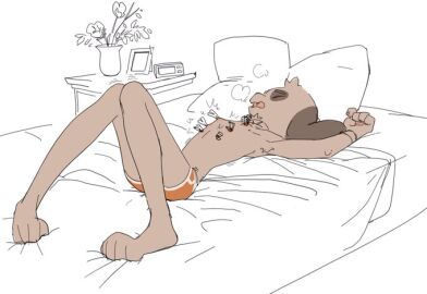 4_toes 5_fingers alarm_clock anthro bed boxers_(clothing) breath canid canine canis clock closed_eyes clothespins clothing domestic_dog droopy_ears flowers frame knees_together_feet_apart lambrey male mammal messy_bed mouth nightstand nipples open pain pillow sketch skinny solo sweatdrop underwear vase white_background