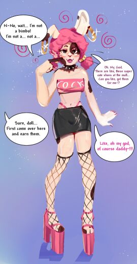 bimbo bimbo_femboy bimbo_lips bimbofication bimbofied bimbofied_male black_skirt brain_drain choker crop_top femboy feminization fishnets flirting flirting_with_viewer gold_earrings gold_jewelry heels hoop_earrings hoop_earrings_oversized humiliation hypnosis jamie_(lilypup) lipstick long_fingernails male male_only mind_control oc original_character pekorelle personality_change pigtails pink_eyeshadow pink_hair pink_heels pink_lipstick pink_topwear simple_background sissification sissy skirt spiked_collar strapless_top swirls text text_bubble text_on_clothing thong thong_above_skirt