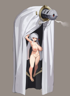 alternate_version_at_source big_breasts breasts cloak color colored completely_nude cyclops female gloria_(library_of_ruina) grey_background gya_rb heart library_of_ruina naked naked_female nude nude_female project_moon red_eyes robot robot_humanoid steam steamy_breath twintails white_hair