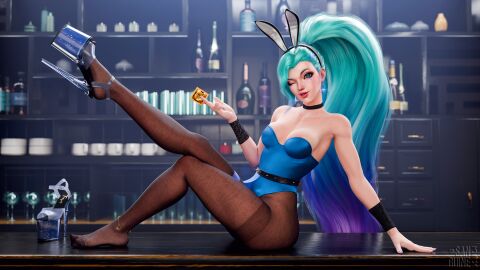 3d alternate_costume anklet bar belt blue_eyes blue_nails bunny_ears bunnysuit choker condom crossed_legs cyan_hair drinks earrings female high_heels holding_condom k/da_all_out_seraphine k/da_all_out_series league_of_legends lipstick long_hair looking_at_viewer makeup one_eye_closed pantyhose platform_heels playboy_bunny ponytail push-up riot_games sanguine3dx seraphine_(league_of_legends) skinny slim_waist smile smiling smiling_at_viewer spade_anklet teenager thick_thighs thigh_squish very_high_heels white_skin wink winking_at_viewer