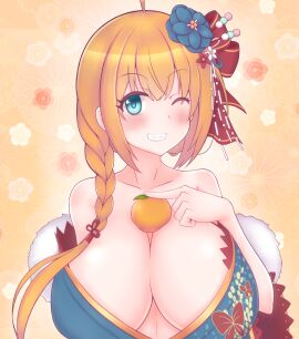 1girls breasts cleavage female kagami_mochi new_year new_year_2020 pecorine pecorine_(princess_connect!) princess_connect! tagu_hblabe textless