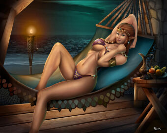 1girls big_breasts bikini blue_eyes breasts brown_hair earrings felox08 female food fruit hammock large_breasts long_hair looking_at_viewer midriff navel night nintendo ocean outside princess_zelda purple_bikini purple_swimsuit swimsuit the_legend_of_zelda tiara torch twilight_princess water zelda_(twilight_princess)