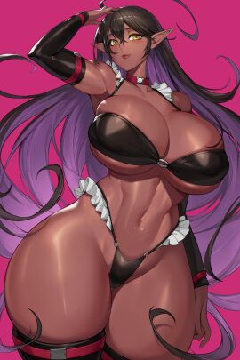 1girls abs barely_clothed big_hips black_hair bottom_heavy breasts breasts_bigger_than_head bursting_breasts cleavage dark-skinned_female dark_elf dark_skin elf elf_ears elf_female female female_only gigantic_hips gigantic_thighs gurimjang hand_on_head hand_on_own_head highres hips huge_breasts huge_hips huge_thighs large_hips long_ears long_hair long_pointy_ears looking_at_viewer midriff multicolored_hair o-ring_bikini o-ring_bottom o-ring_top original pointy_ears purple_hair revealing_clothes skimpy skimpy_clothes smiling smiling_at_viewer solo solo_female thick_thighs thighs two-tone_hair underboob very_long_hair wide_hips yellow_eyes