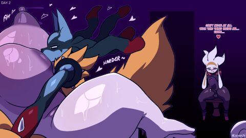 anthro anthro_on_anthro anthro_penetrated anthro_penetrating anthro_penetrating_anthro balls big_breasts black_body black_fur blue_body blue_fur blush bodily_fluids breast_play breast_suck breasts cinderace cindy_(cuchuflin) comic cuchuflin dialogue duo english_text erection female female_penetrated femboy fur generation_6_pokemon generation_8_pokemon genitals goodra group hi_res huge_breasts humanoid_genitalia humanoid_penis lucario male male/female male_penetrating male_penetrating_female mega_evolution mega_lucario nintendo nipples nude penetration penis pokemon pokemon_(species) raboot red_body red_fur sex stomach_bulge sucking sweat sweatdrop sweaty_breasts text trio white_body