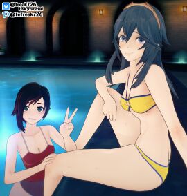 2girls 3d bikini black_eyes black_hair blue_eyes blue_hair breasts crossover eastern_and_western_character fefreak726 female female_only fire_emblem fire_emblem_awakening grin long_hair looking_at_viewer lucina_(fire_emblem) medium_breasts multicolored_hair multiple_females multiple_girls nintendo o-ring o-ring_bikini one-piece_swimsuit outdoors partially_submerged pool red_one-piece_swimsuit red_swimsuit ruby_rose rwby short_hair small_breasts smile swimsuit symbol-shaped_pupils v yellow_bikini yellow_swimsuit