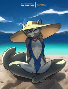 anthro beach camel_toe cameltoe canid canine cleavage_cutout closed_eyes clothing collar cutout female feretta fox fur grey_body grey_fur hat headgear headwear hi_res mammal pussy red_fox sea silver_fox sitting smile solo spread_legs spreading sun_hat swimwear true_fox vixavil_hayden water