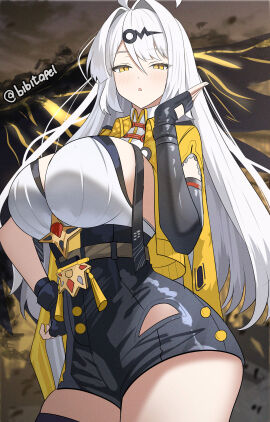 1girls bibitapel breasts collarbone commentary english_commentary female fingerless_gloves gloves grey_hair hair_ornament high-waist_shorts highres large_breasts long_hair shorts single_thighhigh solo thighhighs thighs twitter_username vest yellow_eyes yellow_vest yixuan_(zenless_zone_zero) yunkui_summit zenless_zone_zero