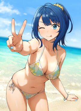 ass_visible_through_thighs bare_arms bare_belly bare_legs bare_shoulders bare_thighs beach belly_button big_breasts bikini blue_eyes blue_hair blue_nails blush bracelet breasts cleavage collarbone female licking_own_lips make_heroine_ga_oo_sugiru! medium_hair nail_polish ocean one_eye_closed outdoors peace_sign ponytail shiny_skin side-tie_bikini_bottom sideboob smile takenoko_no_you thighs tongue wink yanami_anna
