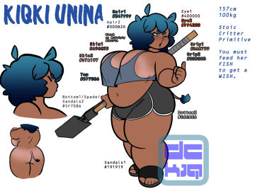 ahoge alternate_version_available ass back_view bangs bbw belly big_ass big_belly big_breasts big_butt blue_hair booty_shorts breasts brown_eyes character_profile character_sheet cheeked_up chubby chubby_female crop_top cropped_tank_top curly_tail curvy curvy_figure dark-skinned_female dark_skin dckiq female full_body fully_clothed fully_clothed_female kiqki_(dckiq) large_breasts looking_over_shoulder multiple_angles one_eye_closed one_eye_open pig_girl pig_tail pin_up pin_up_girl pinnup plump reference reference_sheet sandals short_hair short_stack shovel side_profile simple_background squish tail tan_lines tan_skin tan_skinned_female tank_top tanlines text thicc thick_thighs white_background