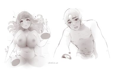 1boy absurdres belt blush breasts clothed_male_nude_female collarbone commentary denim disembodied_hand english_commentary female hand_up heart highres huge_breasts jeans long_hair lying male male_underwear monochrome navel nipples nude on_back on_bed open_mouth original pants short_hair sidelocks simple_background straight sweat sweatdrop topless_male twitter_username underwear waifubot white_background