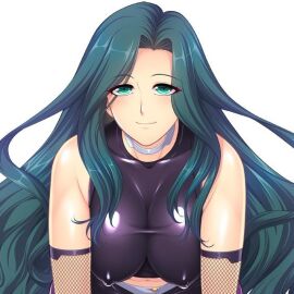 bare_shoulders battle_suit battlesuit bodysuit color erect_nipples eyebrows_visible_through_hair eyes_over_hair female female_focus female_only fishnet_elbow_gloves fishnet_gloves forehead game_cg green_eyes green_hair looking_at_viewer looking_up makishima_ayame metal_choker navel nipple_bulge nipples nipples_visible_through_clothing shiny_bodysuit sleeveless sleeveless_bodysuit smile smiling smiling_at_viewer taimanin_(series) taimanin_asagi_battle_arena tight_bodysuit tight_clothing upper_body viewed_from_above white_background zol