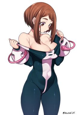 1girls bare_shoulders big_breasts bodysuit breasts brown_eyes brown_hair cleavage female female_human fit fit_female hero_outfit_(mha) highres human large_breasts light-skinned_female light_skin my_hero_academia navel ochako_uraraka ochako_uraraka_(hero_outfit) short_hair slim_waist solo superhero_costume superheroine takatsuki_ichi teenage_female teenager thick_thighs undressing wide_hips