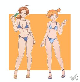 2girls bangs bare_legs bare_shoulders big_breasts bikini blue_bikini blue_swimsuit blush breasts brown_hair cleavage collarbone delia_ketchum_(pokemon) feet female female_only green_eyes hair_between_eyes holding huge_breasts ice_cream kasumi_(pokemon) legs long_hair looking_at_viewer misty_(pokemon) navel neo_san one_eye_closed open-mouth_smile open_mouth open_toe_footwear open_toe_shoes orange_hair outdoors pokemon pokemon_(anime) pokemon_(classic_anime) ponytail sandals shirt short_hair side_ponytail sky smile solo standing striped_clothes swimsuit thighs wink