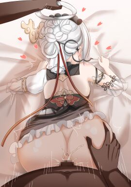 1boy 1girls anus arm_strap ass ass_grab backless_dress backless_outfit bottomless breasts censored chuiye_(pixiv_15235472) clothed_female_nude_male clothed_sex cum cum_in_pussy cum_overflow dark-skinned_male dark_skin doggy_style dress earrings female from_behind from_behind_position hair_grab hair_ornament heart honkai_impact_3rd male mosaic_censoring movement_lines navel on_bed pussy sex sex_from_behind sheet_grab sideboob theresa_apocalypse theresa_apocalypse_(starlit_astrologos) tied_hair vaginal_penetration white_hair zhuge_kongming_(honkai_impact)