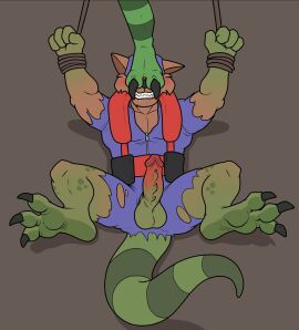 arms_tied balls blue_balls bodily_fluids bound clothing corruption domestic_cat dr_viper drooling duo erection feet felid feline felis foot_fetish foot_on_face green_body hanna-barbera hi_res jake_clawson lizard male male/male mammal mutation razor reptile saliva scalie species_transformation swat_kats tools torn_clothing transformation