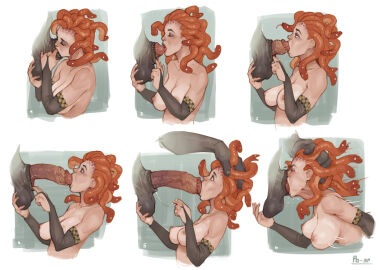 5_fingers animal_genitalia areola armwear balls balls_fondling becoming_erect big_breasts bodily_fluids bouncing_breasts breasts bridal_gauntlets clothed clothing deepthroat digital_media_(artwork) disembodied_hand duo erection european_mythology fellatio female female_penetrated fingering fingers fondling forced_deepthroat fully_sheathed genitals glans gorgon greek_mythology head_grab hi_res humanoid humanoid_genitalia humanoid_penis licking living_hair looking_at_another looking_at_partner male male/female male_penetrating male_penetrating_female medusa minotaur mythology nipples numbered_sequence open_mouth oral oral_penetration pale_skin penetration penile penile_oral penis penis_in_mouth penis_lick penis_tip po-ar pseudo_hair red_body red_eyes red_scales reptile scales scalie sex shallow_penetration sheath sheath_fingering sheath_play simple_background six_frame_sequence snake snake_hair solo_focus surprise tongue tongue_in_sheath tongue_out topless topless_female