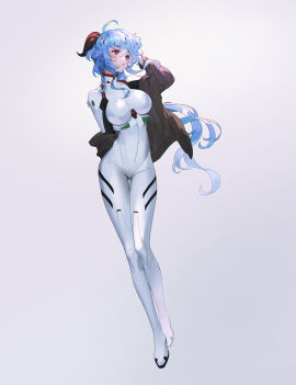 1girls 3d big_breasts blue_hair bodysuit breasts cosplay female ganyu_(genshin_impact) genshin_impact large_breasts neon_genesis_evangelion off_shoulder open_jacket plugsuit purple_eyes rei_ayanami rei_ayanami_(cosplay) skin_tight solo white_bodysuit zena09