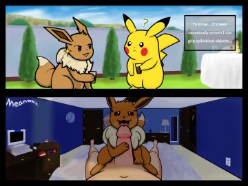 2024 3ds_nintendo 4:3 ambiguous_gender beverage bodily_fluids book brown_body brown_fur clock computer container cup desk dialogue digital_media_(artwork) dripping ds_family duo eevee electronics english_text erection faceless_character feral first_person_view fluffy fluffy_tail fur furniture generation_1_pokemon genital_fluids genitals hi_res holding_object human human_male human_on_feral interspecies lamp leaking_precum light looking_at_viewer luzarte lying male male_(lore) male_pov mammal master_ball masturbation mirror motion_blur motion_lines multicolored_body nintendo nude on_back on_lap open_mouth penis pikachu plant pokeball pokeball_sex_toy pokemon pokemon_(species) pokephilia precum precum_drip question_mark red_cheeks sex_toy sitting_on_lap substitute_doll sunlight table tail text tongue tongue_out tree two-tone_body wall_(structure) yellow_body zoophilia