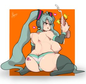 1boy 1girls artist_signature ass ass_focus breasts cum_trail cumming detached_sleeves doctor5648 female hair_ornaments handjob hatsune_miku headphones heart huge_breasts long_twintails male nipples number_tattoo olive_eyes orgasm plump sleeves_past_wrists striped_panties tattoo_on_ass teal_hair thick_thighs tongue tongue_out twintails vocaloid