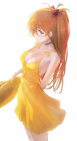 1girls arm_behind_back asuka_langley_sohryu bare_legs bare_shoulders bare_thighs big_breasts blue_eyes blush bracelet breasts choker cleavage closed_mouth dress female female_only fully_clothed hair_bun long_hair matsogum neon_genesis_evangelion no_bra orange_hair sideboob skirt sleeveless sleeveless_dress solo solo_female straw_hat sundress thighs yellow_eyes