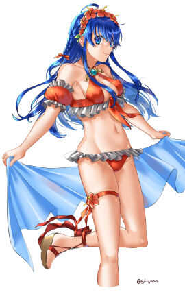 1girls bikini bikini_bottom bikini_top blue_eyes blue_hair breasts female female_only fire_emblem fire_emblem:_the_binding_blade flower_in_hair lilina_(fire_emblem) long_hair nintendo red_bikini small_breasts smile swimsuit thighs tsukimura_(d24f4z8j3t) wedge_heels