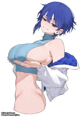 bangs big_breasts blue_eyes blue_hair breasts half-dressed jjune large_breasts no_panties sideboob smile tagme