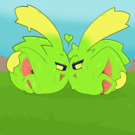 anus atlyss defunctumbra duo female genitals goo_creature green_body hybrid lagomorph looking_at_another mammal pussy rear_view slime_(atlyss) spread_anus spread_pussy spread_vulva spreading vulva waddling_head