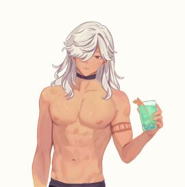 1boy arupi_art cyno_(genshin_impact) dark-skinned_male dark_skin genshin_impact grey_hair hair_between_eyes hoyoverse male muscular muscular_male solo solo_male tanned_skin tattoo topless