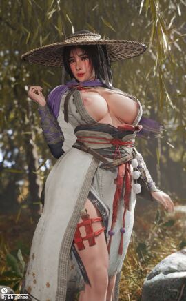 1girls 3d accessory alternate_version_available areolae asian asian_clothing bhigbhee black_hair breasts clothing curvy female female_only hi_res highres hips hong_jing lipstick looking_at_viewer makeup nipples outdoors solo thighs voluptuous watermark wo_long_fallen_dynasty