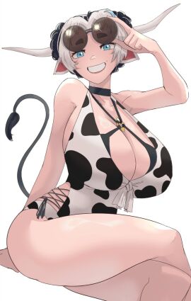 1girls 2024 big_breasts blue_eyes breasts choker commission cow_ears cow_girl cow_horns cow_print cow_print_swimsuit cow_tail crossed_legs eyewear_on_head female female_only horns looking_at_viewer short_hair sitting smiling smiling_at_viewer solo sunglasses swimsuit tail teeth_showing thick_thighs wanderjegson white_background white_hair
