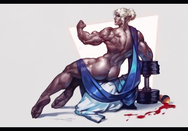 1girls ass back baldur's_gate baldur's_gate_3 chalice colored_skin cup dark_elf dumbbell dungeons_and_dragons elf female flexing grey_skin hair_bun highres huge_ass janrock looking_at_viewer looking_back minthara muscular muscular_female pointy_ears red_wine signature single_hair_bun sitting solo spill sweat veins veiny_arms white_hair