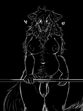 anthro areola belly big_belly big_breasts big_penis black_background body_hair breasts canid canine chest_hair futanari fuzzy genitals hair happy_trail heart_symbol hi_res intersex kawattame mammal monochrome navel nipples penis pubes scp-1471 scp-1471-a scp_foundation simple_background skulldog_(species) slightly_chubby solo tail thick_thighs tongue tongue_out