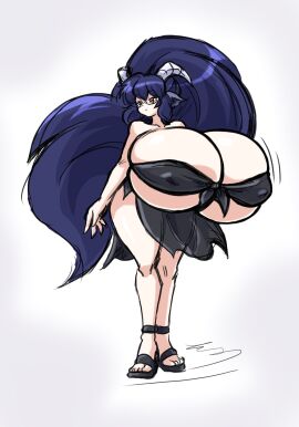 blue_hair bouncing_breasts breasts breasts_bigger_than_head clothed clothing curvy curvy_female female female_only giant_breasts gigantic_breasts horns hyper_breasts long_hair looking_away nipple_bulge original original_character paulgq red_eyes sandals slim standing