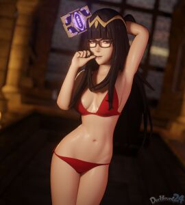 1girls 3d alternate_costume arm_behind_head armpits bangs bare_arms bare_midriff bare_thighs bikini black_eyes black_hair black_nails book breasts dochaunt24 female female_only fire_emblem fire_emblem_awakening glasses hand_on_own_face indoors looking_at_viewer medium_breasts midriff nail_polish navel nintendo red_bikini red_swimsuit smile solo standing swimsuit tharja_(fire_emblem) thighs window