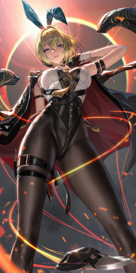 1girls animal_ears arm_behind_back arm_strap arm_up backlighting black_gloves black_jacket black_pants blonde_hair blurry breasts bunny_day bunnysuit chest_harness choker contrapposto depth_of_field earrings elbow_gloves evelyn_chevalier female from_below gloves hair_intakes harness high-waist_pants highres holding holding_jacket holding_unworn_clothes holster jacket jacket_on_shoulders jewelry knife large_breasts leotard liang_xing mole mole_under_eye necktie pants pantyhose parted_lips purple_eyes rabbit_ears single_elbow_glove solo standing thigh_holster thigh_strap thread tight_clothes tight_pants unworn_jacket variant_set wrist_cuffs yellow_necktie zenless_zone_zero
