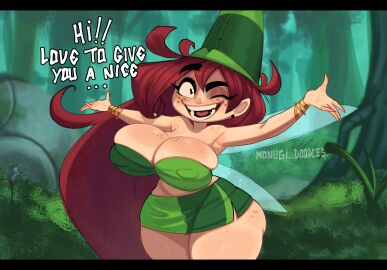 1girls armpits artist_logo ass betilla_(rayman) black_eyes breasts cleavage dialogue erect_nipples_under_clothes female female_focus freckles grin hat huge_ass huge_breasts large_breasts long_hair monugi_doodles_(artist) nymph_(rayman) rayman_(series) rayman_origins red_hair smile solo solo_female solo_focus text thick_thighs ubisoft wings wink