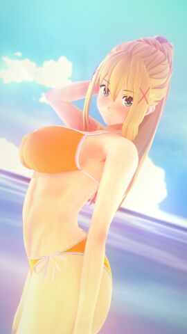 1girls 3d arm_behind_head beach big_breasts bikini blonde_hair blue_eyes breasts busty confident covered_nipples darkness_(konosuba) erect_nipples_under_clothes female female_only from_side hi_res kono_subarashii_sekai_ni_shukufuku_wo! konosuba long_hair looking_at_viewer navel ocean ponytail pose posing sensual sexy sexy_pose sideboob smile solo toned voluptuous water yamada_masako yellow_bikini